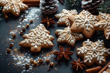 Fototapeta na wymiar Festive Spirit Captured: Gingerbread Cookies Amidst Holiday Decorations.