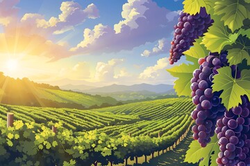 Burgundy vineyard in France, wine sampling, renowned grapes vector design, depiction of Bordeaux landscape, tranquil natural winery, delectable French wines, cabernet red wine grape harvest. - obrazy, fototapety, plakaty
