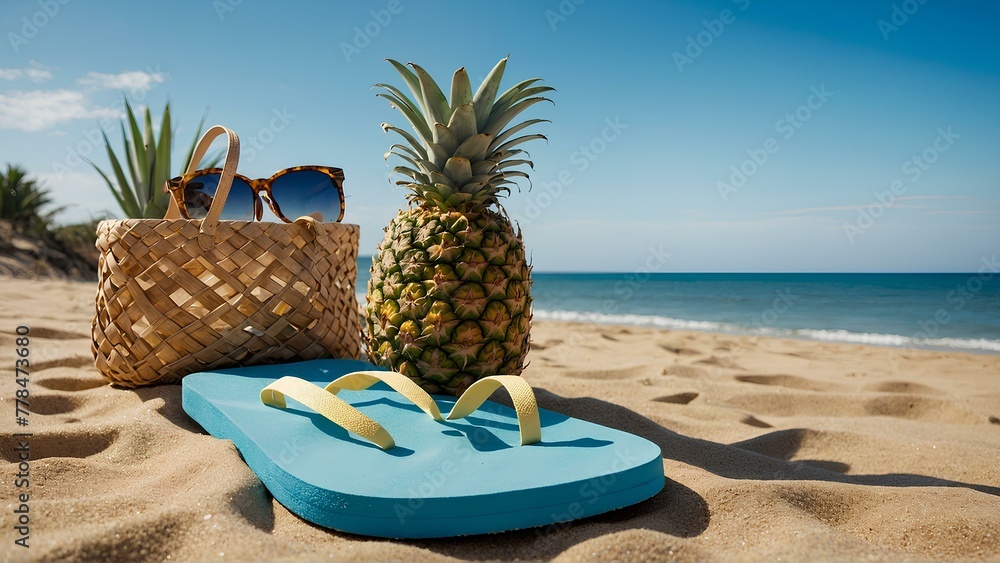 Wall mural a pineapple with flip-flops, sunglasses and a straw bag on a sandy beach with the ocean and a clear 