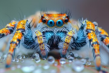 Vibrant Macro Capture of a Colorful Spider Amidst Dew.