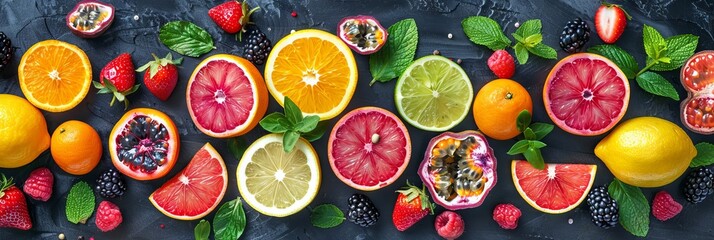 Fruits, Herbs and Berries Flat Lay Texture Background. Lemon, Lime, Orange, Mandarin, Grapefruit Slices - obrazy, fototapety, plakaty