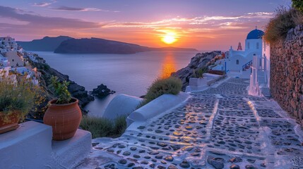 Sunset Over Santorini Iconic White Buildings and Blue Domes. - obrazy, fototapety, plakaty