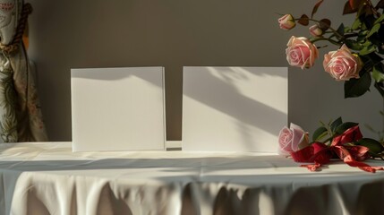 paper placed on a table with pink roses and red bow