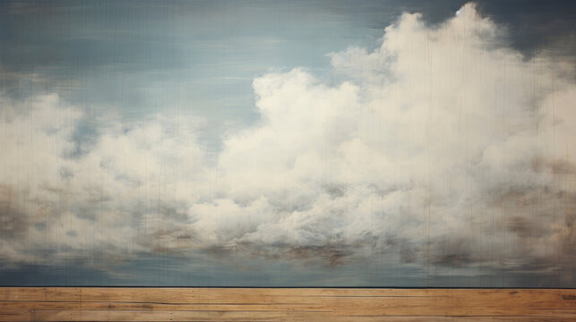 Painted wall with blue sky and clouds as background oil or acryl painting