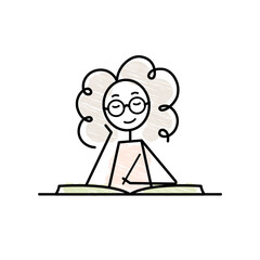 girl sketch studying at the desk, student with book, vector illustration 