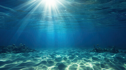 Fototapeta na wymiar Sun shining light in blue clearly deep water, sunbeams illuminate the blue underwater sea scene, background 
