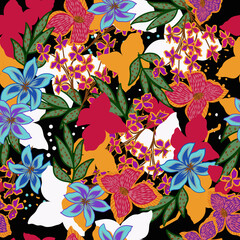Estampa sem emendas com fundo escuro, flores e folhas desenhados digitalmente, cores: azul, rosa, amarelo, verde, preto