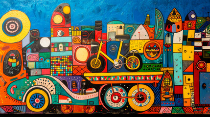 A whimsical and colorful abstract cityscape painting with a prominent bicycle, great for art with a transportation or urban theme.