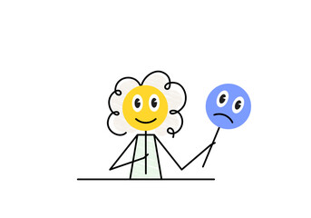 Obraz premium positive thinking concept, positive mood, curly girl is holding a happy face mask simple sketch, doodle vector illustration