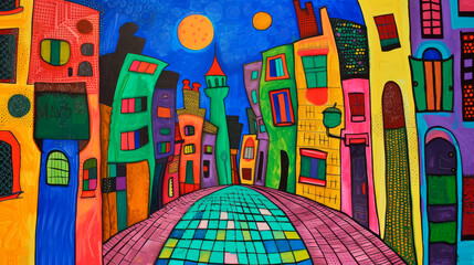 Fototapeta na wymiar A vivid and colorful abstract street scene painting, evoking a whimsical and vibrant city atmosphere, ideal for urban art themes.