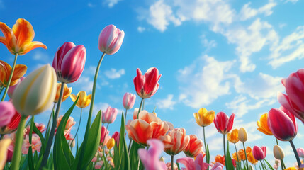 Closeup of blooming colorful field of tulips flowers  and blue sky with sunlight as background texture