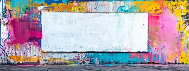 Obraz premium A vibrant graffiti wall with a large, rectangular section meticulously painted over in solid white, creating a blank canvas.