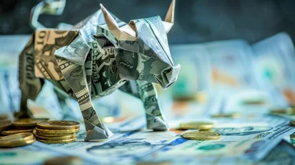 Poster bull origami in a dynamic pose made out of dollar with gold coin © pector