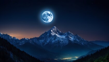 Night View mountain and moon photo - obrazy, fototapety, plakaty