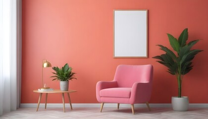 Mockup poster frame in modern interior background with armchair and accessories in the room