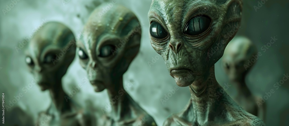 Poster a lineup of three extraterrestrial heads arranged in a straight line, with one of them gazing direct