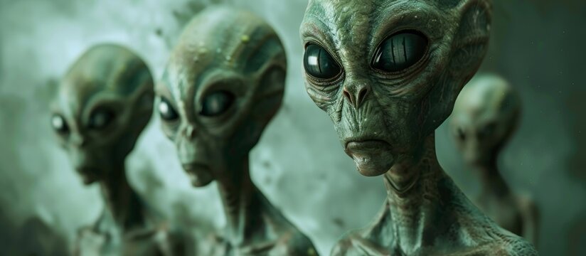 A lineup of three extraterrestrial heads arranged in a straight line, with one of them gazing directly towards the viewer