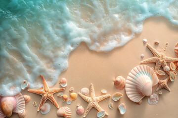 Fototapeta na wymiar Seashore with gentle waves and seashells on sandy beach. Tropical vacation and marine life concept with copy space. Design for travel, relaxation, and nature themes, generative ai