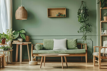 Scandinavian style sage green living room with wooden furniture. Generative AI