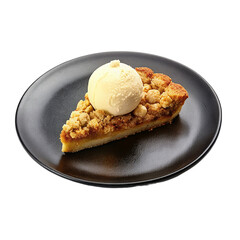 Delicious slice of cake topped with creamy ice cream on transparent background