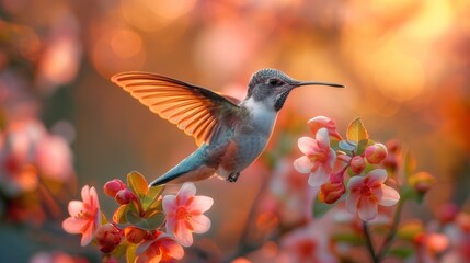 small hummingbird with plumage flying near colorful flowers