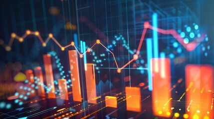 Futuristic stock market data, graphs, and statistics across a dark interface
