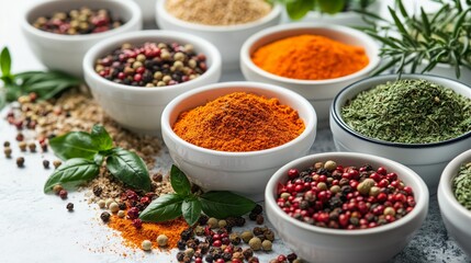 Various spices arranged on white table
