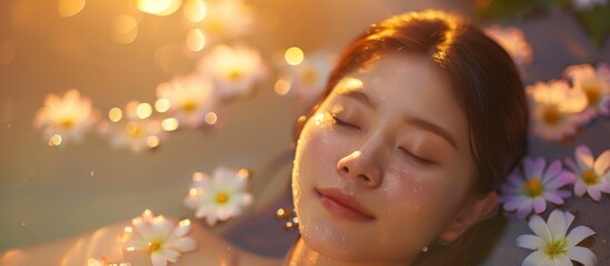 Fototapeta premium A woman is peacefully enjoying a bath while beautiful flowers float around her in the water.