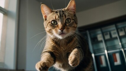 A cat leaping towards the camera