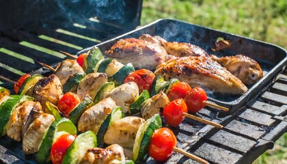 delicious grilled chicken meat shish kebob or kabob with vegetables on barbecue grill with smoke...