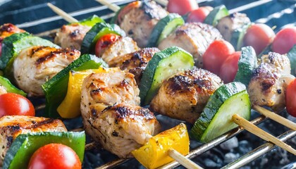 delicious grilled chicken meat shish kebob or kabob with vegetables on barbecue grill with smoke and flames. popular outdoor summer activity for friends and family