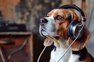 Dog with headphones. Beagle dog listens to music in wired headphones. Close up