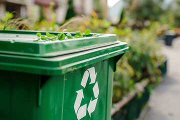 Green waste container with recycling symbol