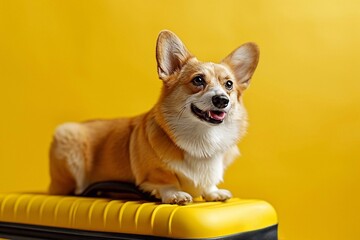 Fototapeta premium Cute welsh corgi pembroke dog sitting on a yellow suitcase