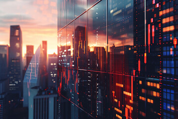 Sunset cityscape with reflections on glass skyscrapers - obrazy, fototapety, plakaty