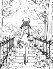 Adult Coloring Book Page Featuring Stylish Lady in Dress Walking Through a Scenic Park Pathway Fashion Illustration for Relaxation and Creativity