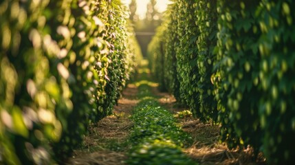 Rows of hops growing in preparation for brewing  - obrazy, fototapety, plakaty