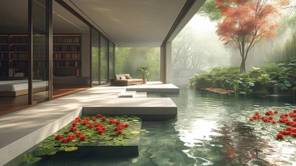 Foto op Canvas a room filled with lots of windows next to a body of water with water lilies floating on top of it. © Mikus