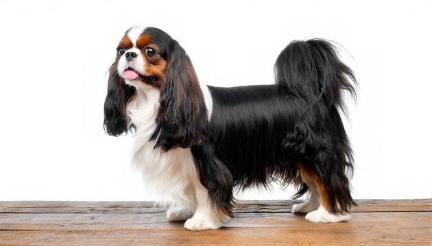 King Charles Cavalier spaniel - Canis lupus familiaris - a small breed of domestic animal isolated on white background standing  with characteristic dome shape head and bulging eyes