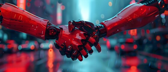 Robotic Embrace in Neon Metropolis. Concept Sci-fi Romance, Cybernetic Evolution, Digital Love Story