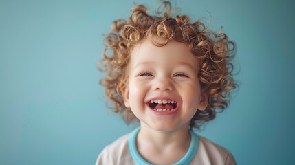 Little boy who laughs loudly on pastel blue background