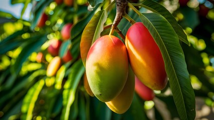 Fresh sweet Mangoes in garden 
