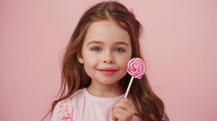 Little girl hold in your hand a pink lollipop on pastel pink background
