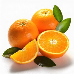 Citrus sinensis - group of orange colored citrus fruit grown in tropical warm areas and one of the most popular citrus fruits.  Whole and half fruit isolated on white background