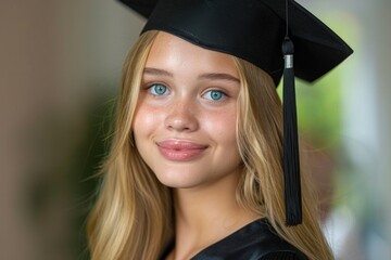Portrait of a smiling female student wearing a gown and a hat graduating from high school college looking at camera on white background.