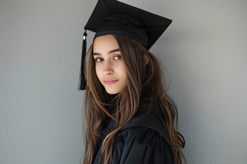 Portrait of a  female student wearing a gown and a hat graduating  looking at camera on white background.