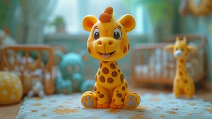 a giraffe figurine sitting on top of a table next to a crib with a baby crib in the background. - obrazy, fototapety, plakaty
