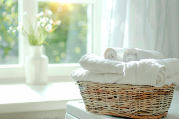 Fototapeta na wymiar Stack of clean towels in laundry wicker basket bathroom. The towels showcasing their soft and fluffy after laundry