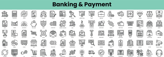 Set of banking and payment icons. Linear style icon bundle. Vector Illustration