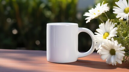white coffee cup with blank front, realistic on a mockup template